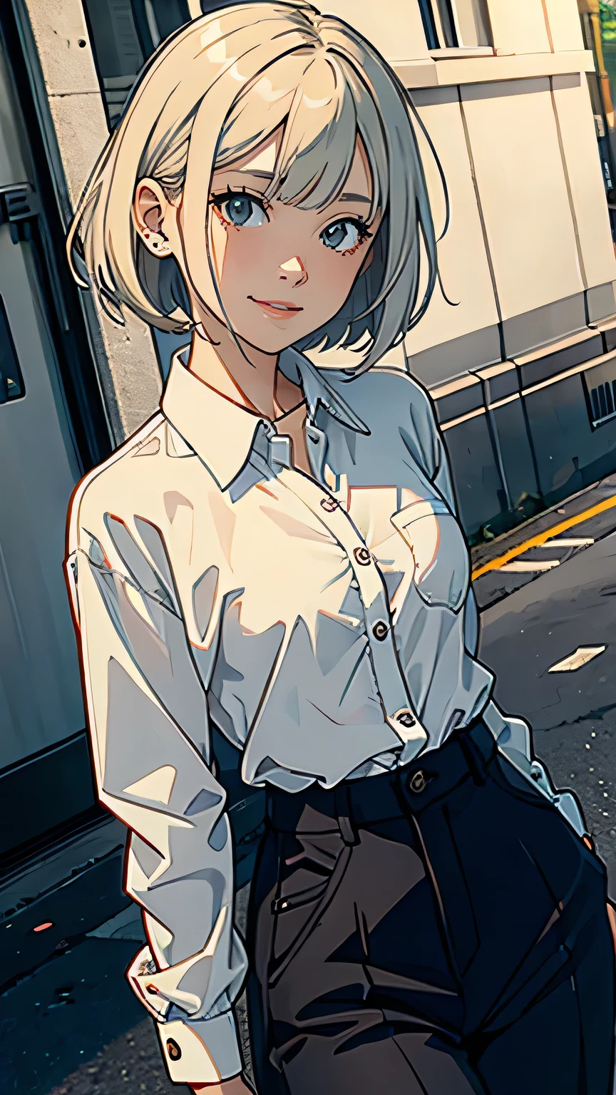 highest quality, (masterpiece:1.2), shape, Absurd, (One Girl, alone), (Beautiful detailed girl), White long sleeve shirt, Short Bob, Ash grey hair, Active,Orange Cargo Pants, Random Pause, smile, Small breasts,