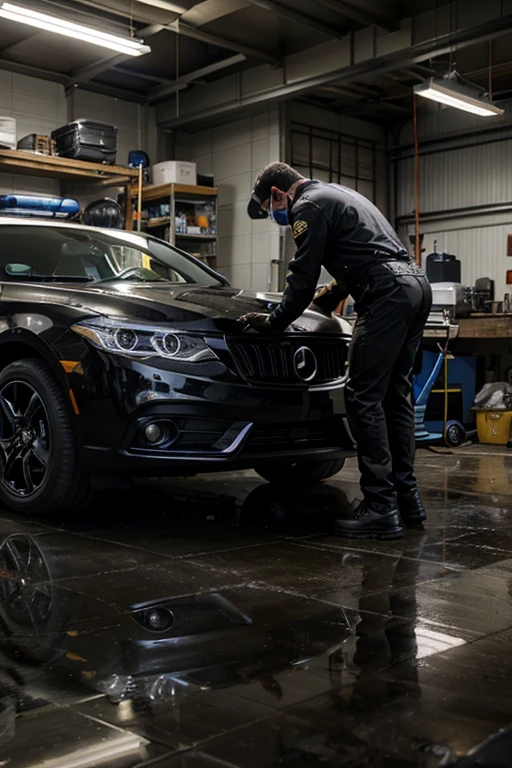 An automotive detailing professional is polishing the surface of a luxurious car.
The car is glossy black, and the scene captures the reflection of light on the hood, showcasing the quality of the polish.
The professional is using a high-quality polisher with a polishing pad.
Detailing equipment, such as cleaning products, microfiber cloths, and other accessories, are neatly organized in the background on a workbench.
The environment is a clean and well-lit space, typical of an automotive detailing workshop.
The professional is wearing a professional uniform, gloves, and safety glasses, demonstrating safety and professionalism