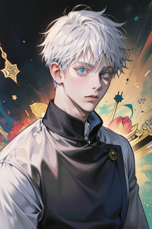 (absurdres, highres, ultra detailed), 1 male, Messy white hair, Aquamarine eyes, White lashes, Looking at the camera, Jujutsu Kaisen, Gojo Gojo, finely detailed eyes and detailed face, the fool \tarot\, bard, clown, Symbolism, Visual art, Occult, Universal, Vision casting, Philosophical, Iconography, Numerology, Popularity, Artistic, Alfons Mucha