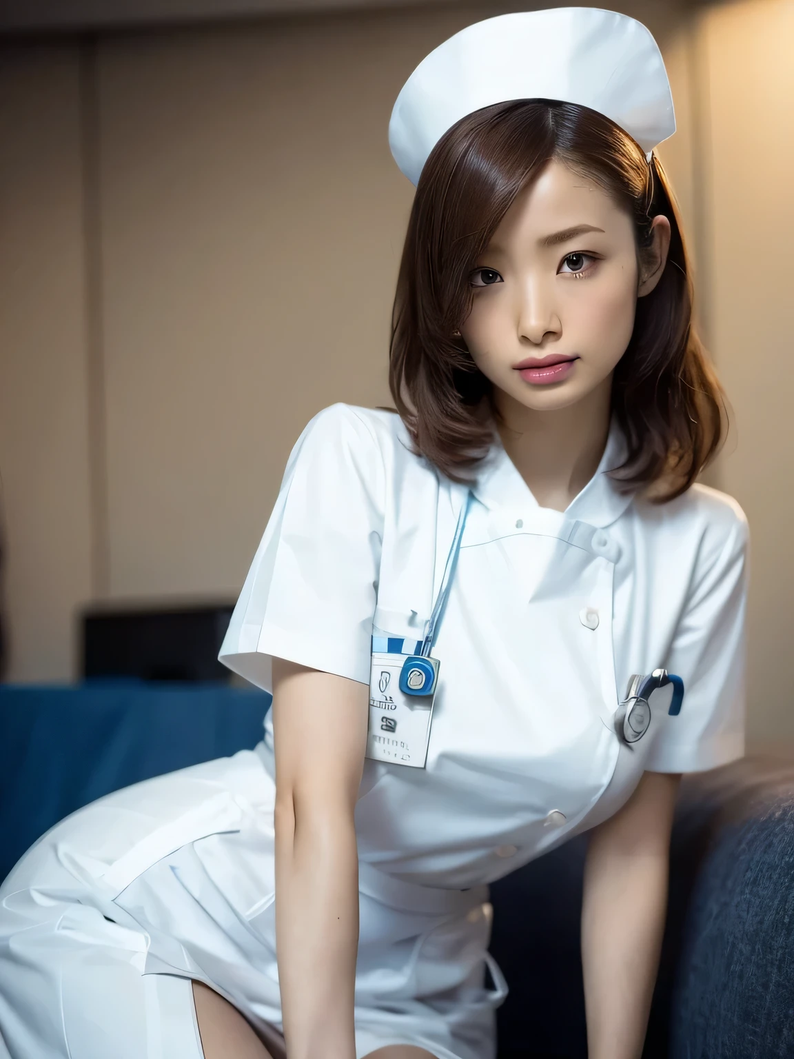 1 girl,(Wearing white nurse clothes:1.2),(RAW Photos, highest quality), (Realistic, photo-Realistic:1.4), masterpiece, Very delicate and beautiful, Very detailed, 2k wallpaper, wonderful, finely, Very detailed CG unity 8k wallpaper, Very detailed, High resolution, Soft Light, Beautiful detailed girl, Very detailed eyes and face, Beautiful and detailed nose, finely beautiful eyes, nurse, Perfect Anatomy, Black Hair, Upstyle, nurse uniform, ((nurse cap)), Long skirt, nurse, White costume, thin, hospital, clear, White Uniform, hospital room, Neck auscultation,Close your face,