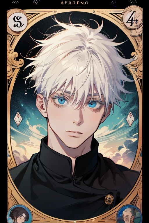 (absurdres, highres, ultra detailed), 1 male, Messy white hair, Aquamarine eyes, White lashes, Looking at the camera, Jujutsu Kaisen, Gojo Gojo, finely detailed eyes and detailed face, the fool \tarot\, bard, clown, Symbolism, Visual art, Occult, Universal, Vision casting, Philosophical, Iconography, Numerology, Popularity, Artistic, Alfons Mucha