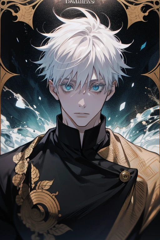 (absurdres, highres, ultra detailed), 1 male, Messy white hair, Aquamarine eyes, White lashes, Looking at the camera, Jujutsu Kaisen, Gojo Gojo, finely detailed eyes and detailed face, the fool \tarot\, bard, clown, Symbolism, Visual art, Occult, Universal, Vision casting, Philosophical, Iconography, Numerology, Popularity, Artistic, Alfons Mucha
