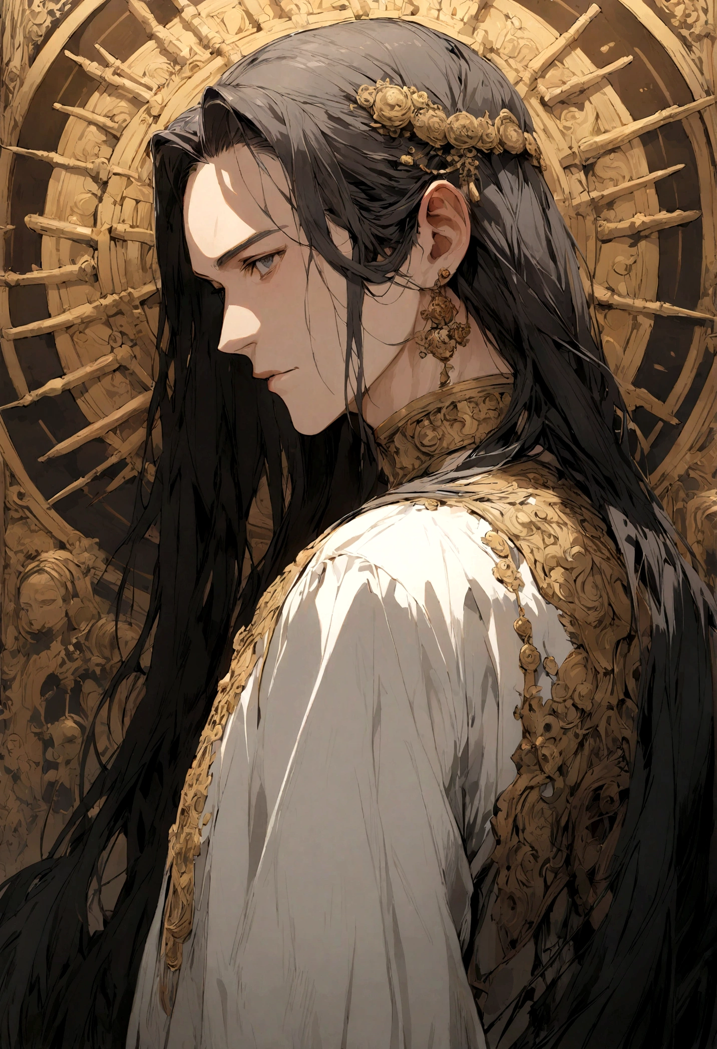 an ancient man with long hair at the back angle