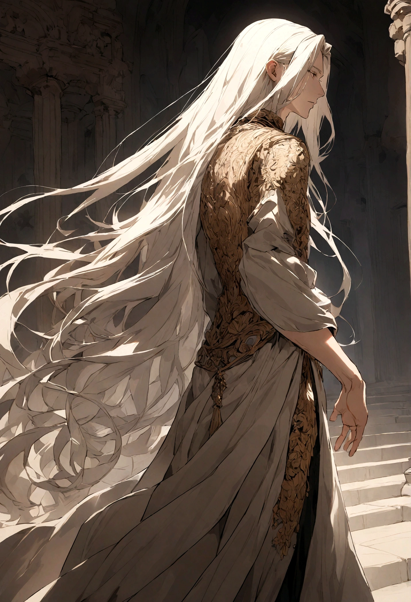 an ancient man with long hair at the back angle