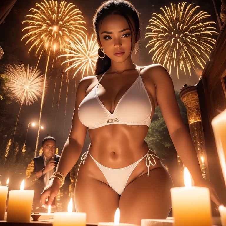 Medium shot body ,medium long shot,adult woman, fit body, knitted white mini bikini, ponytail, drinks champagne, luxury pool ,action scene, master shot, glamour flower garden, elegant action pose, surrounded by people, candles burning, fireworks ,highly detailed, sublime, extremely beautiful, sharp focus, refined, intricate, elegant, dynamic, rich deep colors, bright color, shining light, attractive, cute, pretty, background full, epic composition, dramatic atmosphere, radiant, professional, stunning.