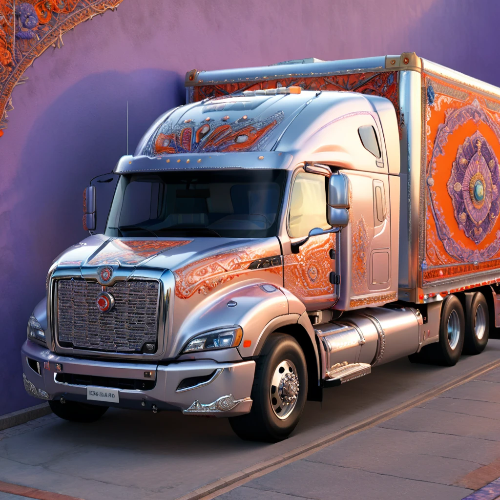 a highly detailed 18-wheeler truck, embroidered with intricate patterns, double stitching, silver beads along the edges, set against a vibrant Creamsicle, Red,White, Blue, Lavender, Orange, Oriental background, award-winning digital art, 8k, photorealistic, extremely detailed, cinematic lighting, volumetric lighting, dramatic shadows, lush colors, elegant, ornate, luxurious, masterpiece, intricate complexity, stunning, 