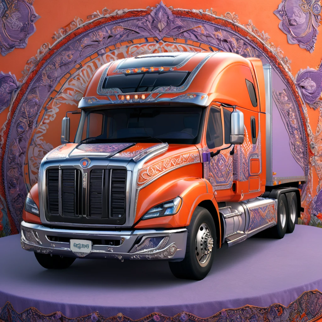 a highly detailed 18-wheeler truck, embroidered with intricate patterns, double stitching, silver beads along the edges, set against a vibrant Creamsicle, Red,White, Blue, Lavender, Orange, Oriental background, award-winning digital art, 8k, photorealistic, extremely detailed, cinematic lighting, volumetric lighting, dramatic shadows, lush colors, elegant, ornate, luxurious, masterpiece, intricate complexity, stunning, 