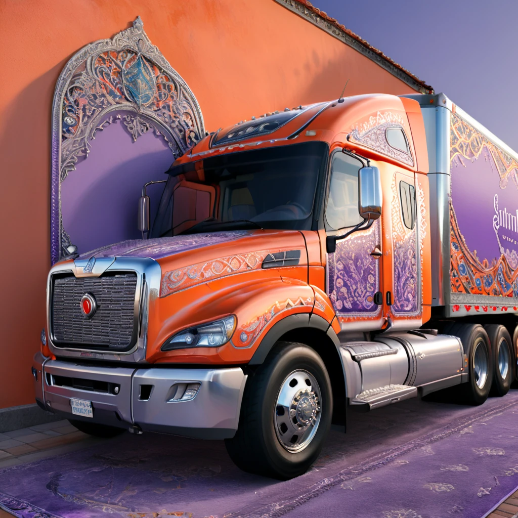 a highly detailed 18-wheeler truck, embroidered with intricate patterns, double stitching, silver beads along the edges, set against a vibrant Creamsicle, Red,White, Blue, Lavender, Orange, Oriental background, award-winning digital art, 8k, photorealistic, extremely detailed, cinematic lighting, volumetric lighting, dramatic shadows, lush colors, elegant, ornate, luxurious, masterpiece, intricate complexity, stunning, 