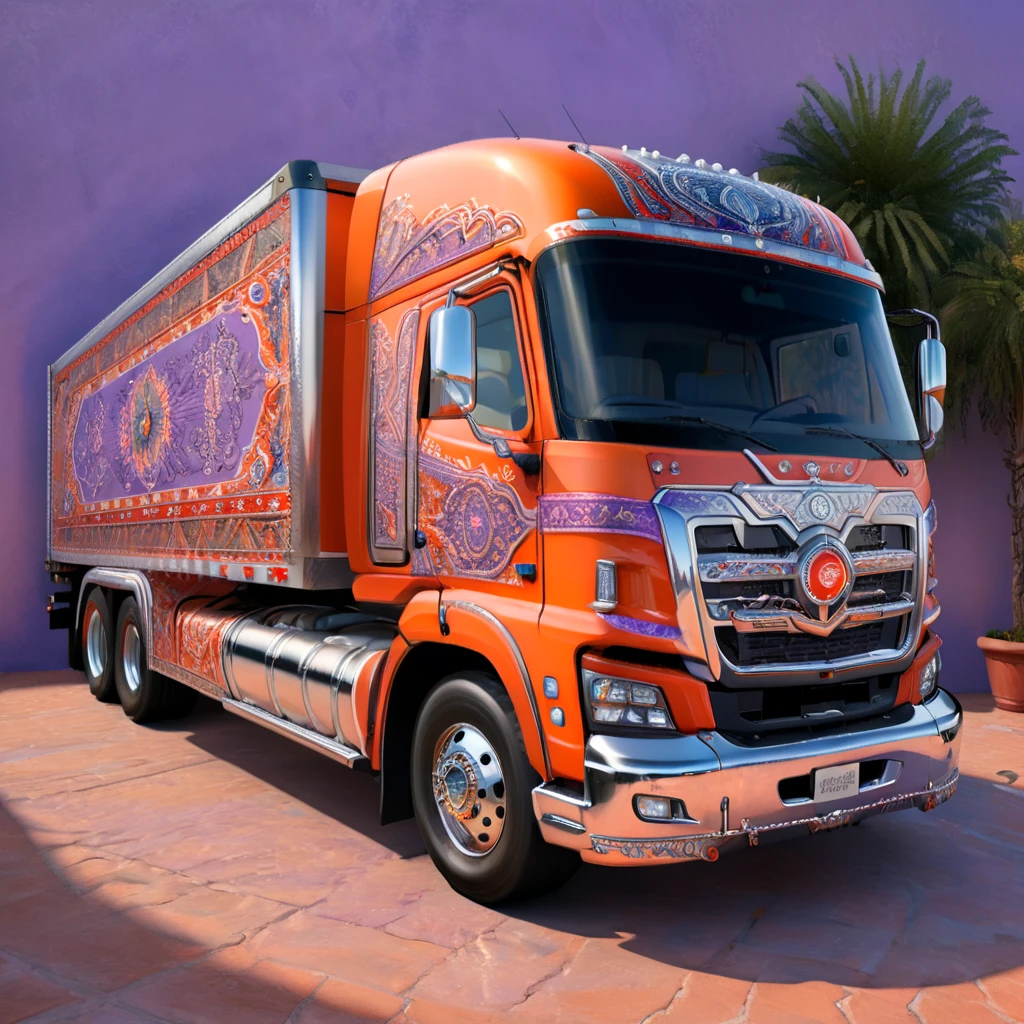 a highly detailed 18-wheeler truck, embroidered with intricate patterns, double stitching, silver beads along the edges, set against a vibrant Creamsicle, Red,White, Blue, Lavender, Orange, Oriental background, award-winning digital art, 8k, photorealistic, extremely detailed, cinematic lighting, volumetric lighting, dramatic shadows, lush colors, elegant, ornate, luxurious, masterpiece, intricate complexity, stunning, 