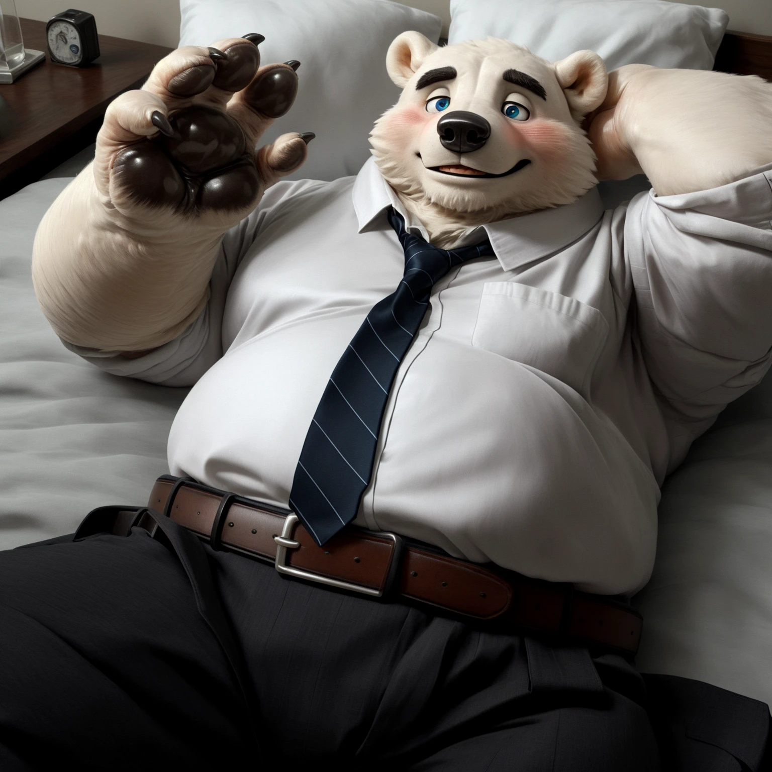New Jersey 5 Furry,polar bear,((on the bed)),(伸出foot),(Kick),(蹬foot),(((foot焦点:1.3))),Solitary,Chubby,Fat,Thick arms,Rugged muscles,(White plush fur),Chubby脸,Black eyebrows,Sky blue eyes,(Beard),((foot focus)),((on the bed)),(White shirt,tie,Belt Pants),high quality,4K,artwork,Very detailed,real,(oily),blush,Smile,show foot, foot,blush. Oily foot