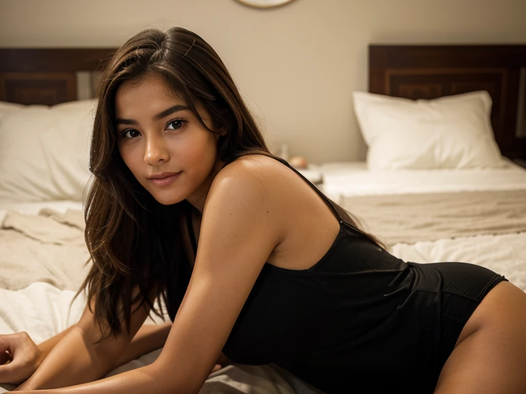 a 23 year old Bolivian girl with brown hair, piel clara, ojos claros, sonrisa delicada, estatura 1,60, senos medianos con lunares, cintura regular, cuerpo delicado, usando vestido de gala negro