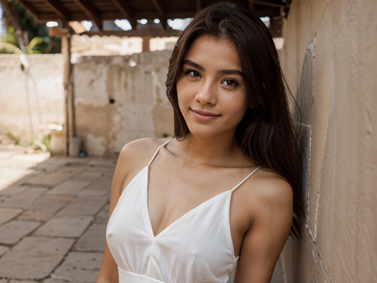 a 23 year old Bolivian girl with brown hair, piel clara, ojos claros, sonrisa delicada, estatura 1,60, senos medianos con lunares, cintura regular, cuerpo delicado, usando vestido de gala negro