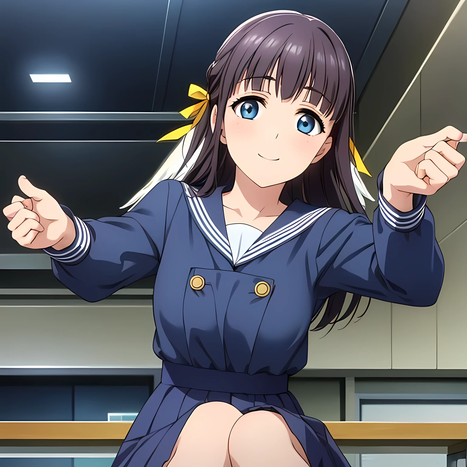(highest quality, masterpiece:1.2), highest quality, High resolution, 1080p, 8K, CG of the heroine of a beautiful girl game, Height: 158cm, A beautiful woman with a smile falls upside down from the sky like an angel, A face that everyone loves, Glossy lips, Even bangs, Double, Long eyelashes on both the top and bottom, Smiling blue eyes, The very large and thick yellow ribbon bowtie is very cute., ((Black Hair)), Beautiful, shiny, long black hair, ((A long, neat, dark navy pleated skirt)), (((A long-sleeved navy blue sailor uniform for winter, all dark blue in color))), ((Navy blue jacket)), Mouth slightly open from laughing, Ribbon in hair, Thick calves, Tight waist, Approaching the viewer with open arms, ((Talking to the audience)), ((Trying to kiss)), A very sacred temple in the sky, Shooting from below, ((Blur the background))