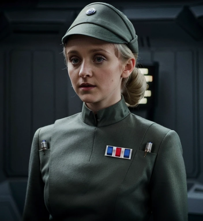 fashion photography of Evanna Lynch in olive gray imperialofficer uniform and hat with brim, hair in small tight bun, smooth pale white skin, haughty proud snob, sci-fi Death Star control room, sharp focus, dlsr, ultra sharp, professional Photographer, film grain, very detailed skin texture, photorealistic, no makeup