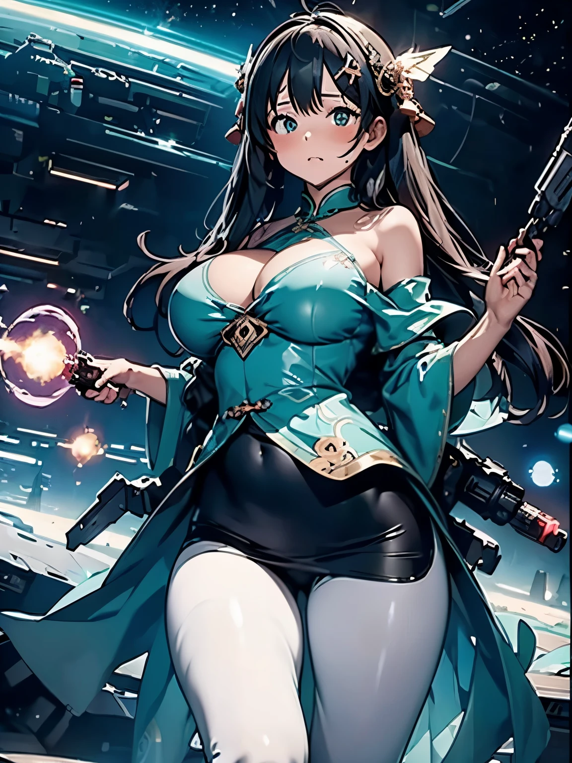 (masterpiece、highest quality、highest quality、Official Art、Beautiful and beautiful:1.2)、(One girl:1.3)Hatsune Miku、Twin tails,Beautiful breasts,(((masterpiece))), (((highest quality))), (((Flying in Space))), (((whole body))), (((From below))), (((Twin Buster Rifle))), (((Gatling Gun))), (((Colorful giant beam impact))), (((Firing))), (((Shine))), (((force)), (((electricity))), ((Colorful mechanical wings)), (((Light mint green Chinese dress))), ((Off the shoulder)), mini skirt, ((leggings)), Earth \(planet\),  (((planet))), alone, One girl, (((Big Breasts))), Very long black hair, Hair Clip, ribbon, Open your mouth, Sweat, shy, blush, ((Slim figure)), 