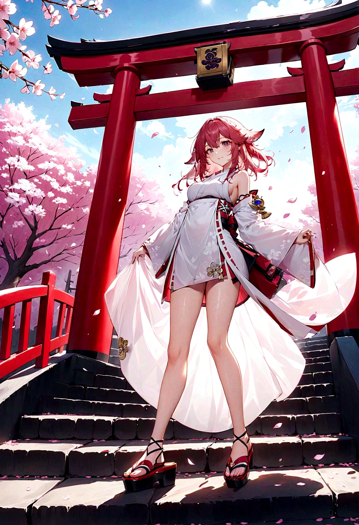 (masterpiece, best quality: 1.2), Yae Miko, Genshin, outdoor,Red Torii,Tree,stairs,Cherry blossoms,Sky,petal,Clogs sandals,White Kimono,