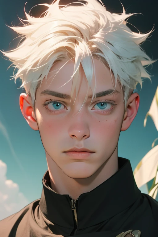 (absurdres, highres, ultra detailed), 1 male, Messy white hair, Aquamarine eyes, White lashes, Looking at the camera, Jujutsu Kaisen, Gojo Gojo, finely detailed eyes and detailed face, the fool \tarot\, bard, clown, Symbolism, Visual art, Occult, Universal, Vision casting, Philosophical, Iconography, Numerology, Popularity, Artistic, Alfons Mucha
