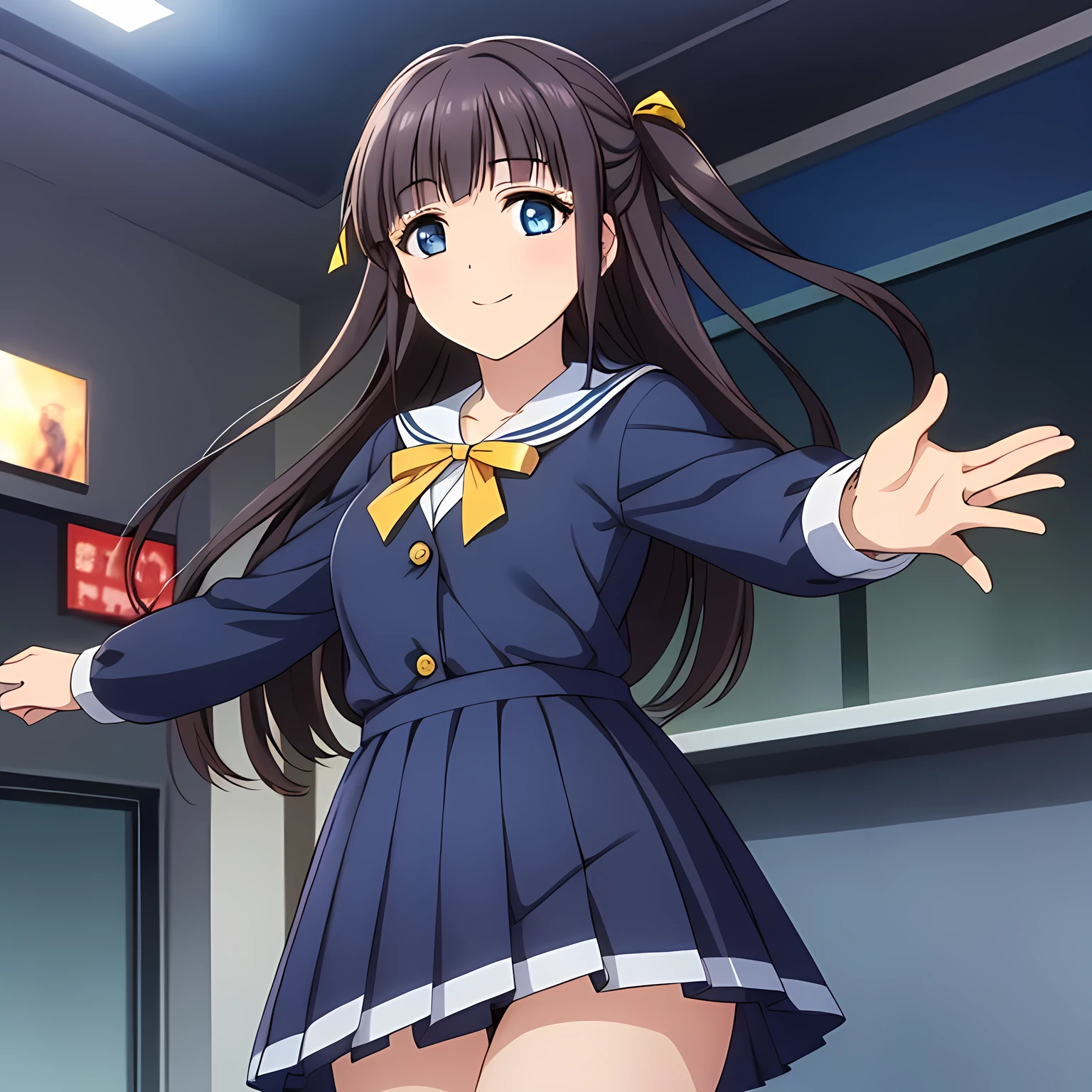(highest quality, masterpiece:1.2), highest quality, High resolution, 1080p, 8K, CG of the heroine of a beautiful girl game, Height: 158cm, A beautiful woman with a smile falls upside down from the sky like an angel, A face that everyone loves, Glossy lips, Even bangs, Double, Long eyelashes on both the top and bottom, Smiling blue eyes, The very large and thick yellow ribbon bowtie is very cute., ((Black Hair)), Beautiful, shiny, long black hair, ((A long, neat, dark navy pleated skirt)), (((A long-sleeved navy blue sailor uniform for winter, all dark blue in color))), ((Navy blue jacket)), Mouth slightly open from laughing, Ribbon in hair, Thick calves, Tight waist, Approaching the viewer with open arms, ((Talking to the audience)), ((Trying to kiss)), A very sacred temple in the sky, Shooting from below, ((Blur the background))
