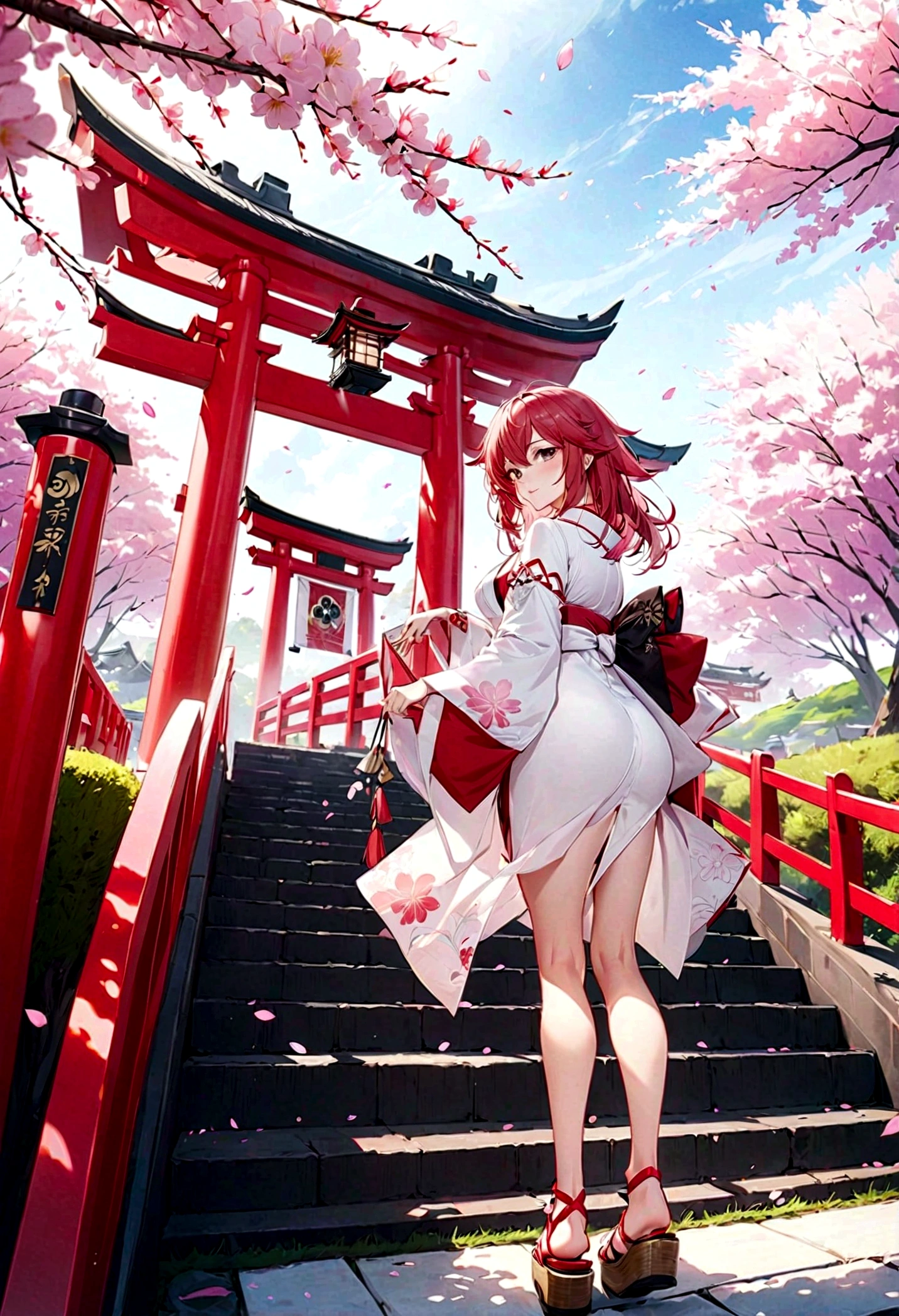 (masterpiece, best quality: 1.2),  Yae Miko, Genshin, outdoor,Red Torii,Tree,stairs,look back，Cherry blossoms，Sky，petal，Clogs sandals，White Kimono，
