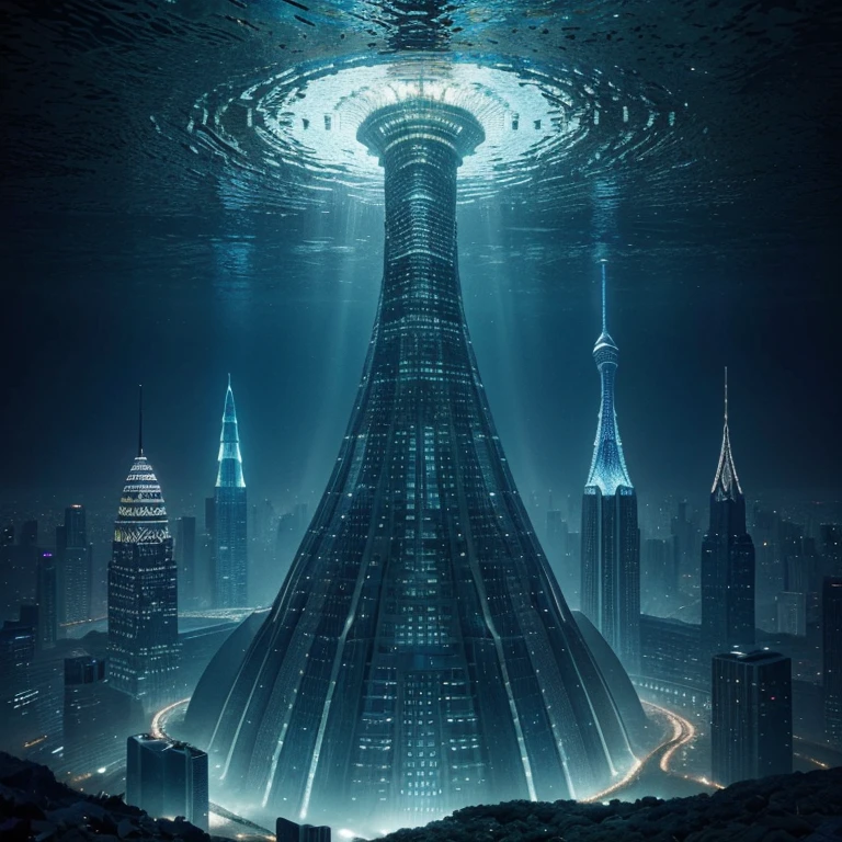In the depths of a virtual ocean, a submerged city unveils its surrealist magnificence. This captivating photograph portrays a futuristic metropolis, its skyscrapers and intricate buildings made of luminescent glass, blending seamlessly with the ethereal blue of its aquatic surroundings. The city's vibrant lights dance off the rippling waves, creating a mesmerizing display of color and movement. Every detail, from the intricate architectural designs to the underwater flora and fauna, is impeccably captured, making this digitally enhanced photograph a true masterpiece of visual art. It expertly captures the awe-inspiring beauty and grandeur of this fictional underwater world, transporting viewers to a realm where imagination and reality coexist harmoniously.