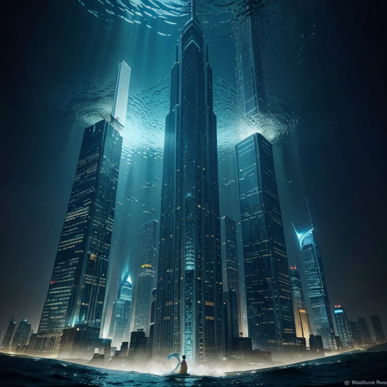 In the depths of a virtual ocean, a submerged city unveils its surrealist magnificence. This captivating photograph portrays a futuristic metropolis, its skyscrapers and intricate buildings made of luminescent glass, blending seamlessly with the ethereal blue of its aquatic surroundings. The city's vibrant lights dance off the rippling waves, creating a mesmerizing display of color and movement. Every detail, from the intricate architectural designs to the underwater flora and fauna, is impeccably captured, making this digitally enhanced photograph a true masterpiece of visual art. It expertly captures the awe-inspiring beauty and grandeur of this fictional underwater world, transporting viewers to a realm where imagination and reality coexist harmoniously.