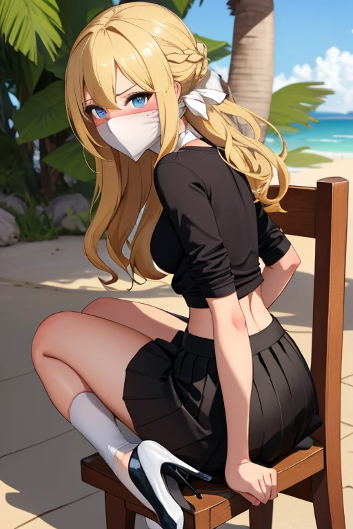 1 girl, detailed blue eyes, lange wimpern, detailed beautiful face, a Bit curly hair, (very Long blonde hair:1.4), festgebunden, (arms behind back:1.6), gefesselte Arme, (blushing:1.3), (Big boobs:1.1), OTN, Gag, gagged, shibari over clothes, (black skirt, White top, black high heels:1.4), sitting at a beach on a chair, tied gag, nah aufnahmen, Kamera from behind 