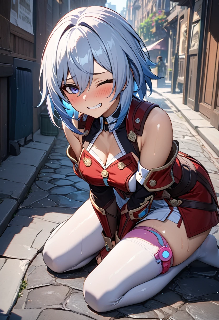 masterpiece, high resolution, ultra detailed, 8K,  topaz from honkai star rail, embarrassed, shy, alternate wooden armor, simple background, HDR, hand between legs, vibrator in, in the street, sexy sitting, leaning forward, one eye closed, sweaty, grinding teeth together, smirk, thick legging