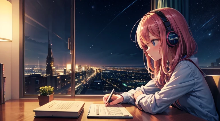 Ropfe music anime illustration, Close-up, Girl studying in room, There are books, Laptop, Night city view, Listen to music while studying, Nice atmosphere,The room was a little dark