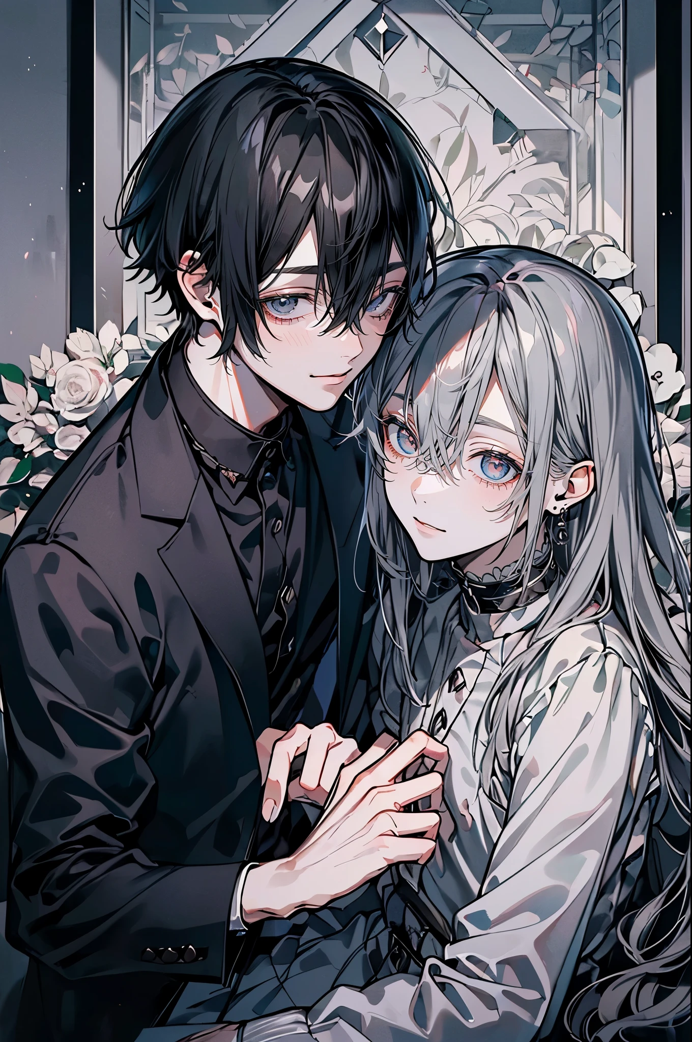 (Mastepiece), (Best Quality), Very detailed, ((Two intimate men:1.5)), Perfect Face, Beautiful Face, Very detailedな顔,(Black-haired man:1.3),(Grey-haired man:1.3)、suit、(smile:1.2)