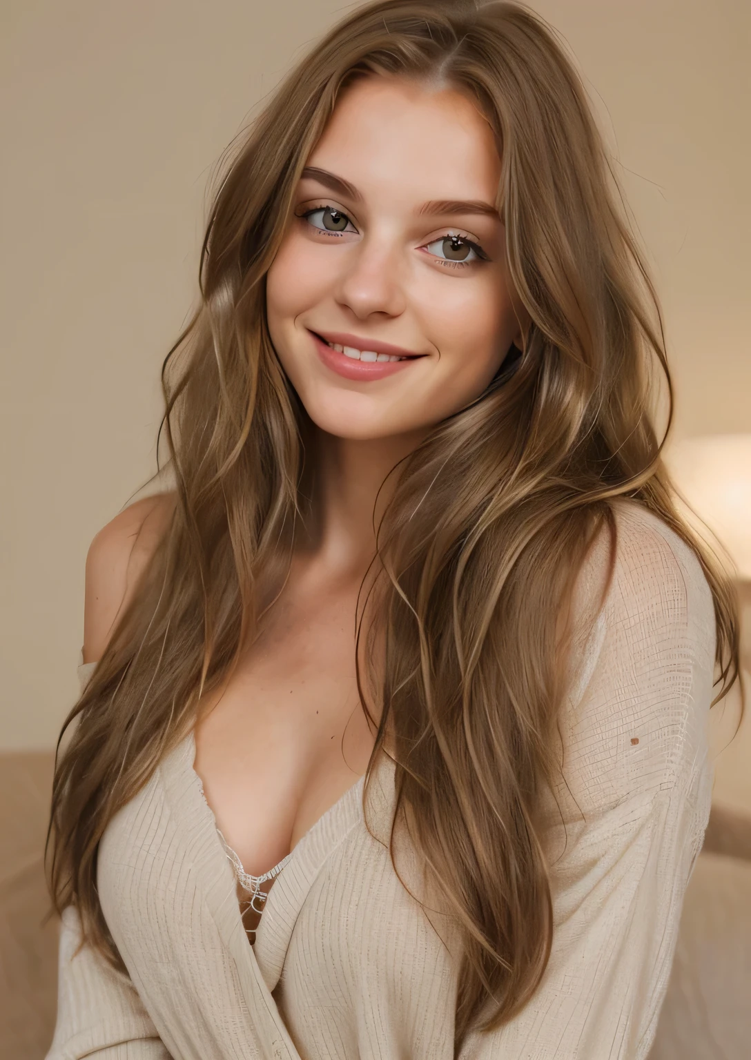 Generate an image of a young, attractive woman with a charming smile and a flirtatious look. She has a natural appearance, with minimal makeup highlighting her natural beauty. Her hair is long, slightly wavy, and brown, flowing freely around her shoulders. Her eyes are bright and captivating, with a playful and inviting expression. She is wearing a casual, stylish outfit that complements her natural charm. The background is simple and neutral, enhancing her presence. The lighting is soft and natural, highlighting her features gently.