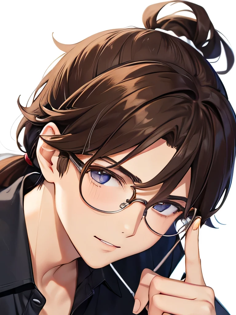 Brown Hair，ponytail，He is holding up his glasses with his left hand，that&#39;It&#39;s too bright so I close my left eye，Sandy Beach，Shorts，Roll up your shirt sleeves