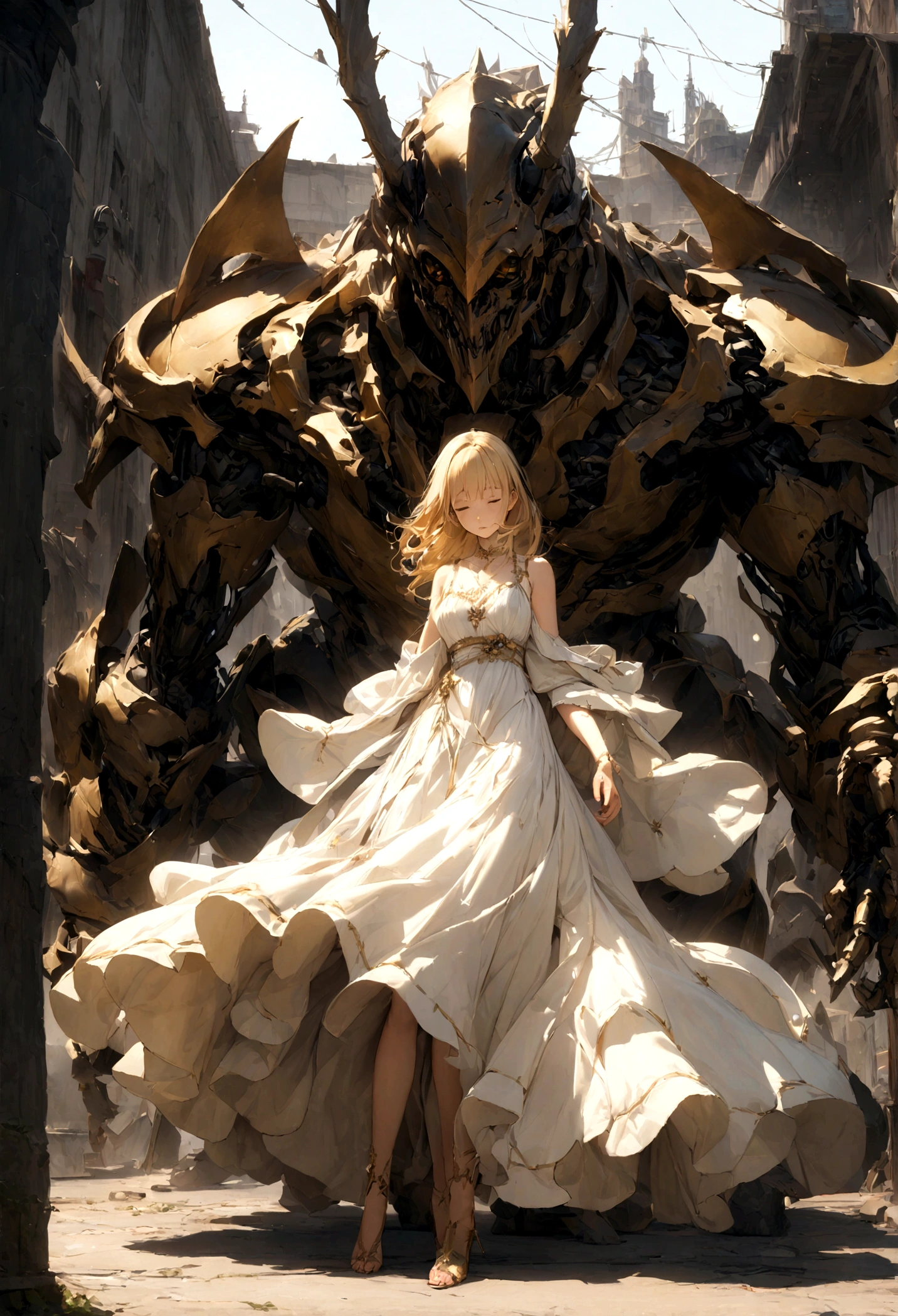 ((masterpiece)), ((best quality)), 8K, HD, Super Detail, (Miss), (White dress with gold trim), (Blonde hair shawl scattered), (Expressions close your eyes) (Sleeping in the car 1.6) (Full body display 1.4) This piece of art is a masterpiece, With the best quality and high detail, captured in 8K HD. Photographic Practical, Practical, very detailed illustrations Practical, Octane Rendering