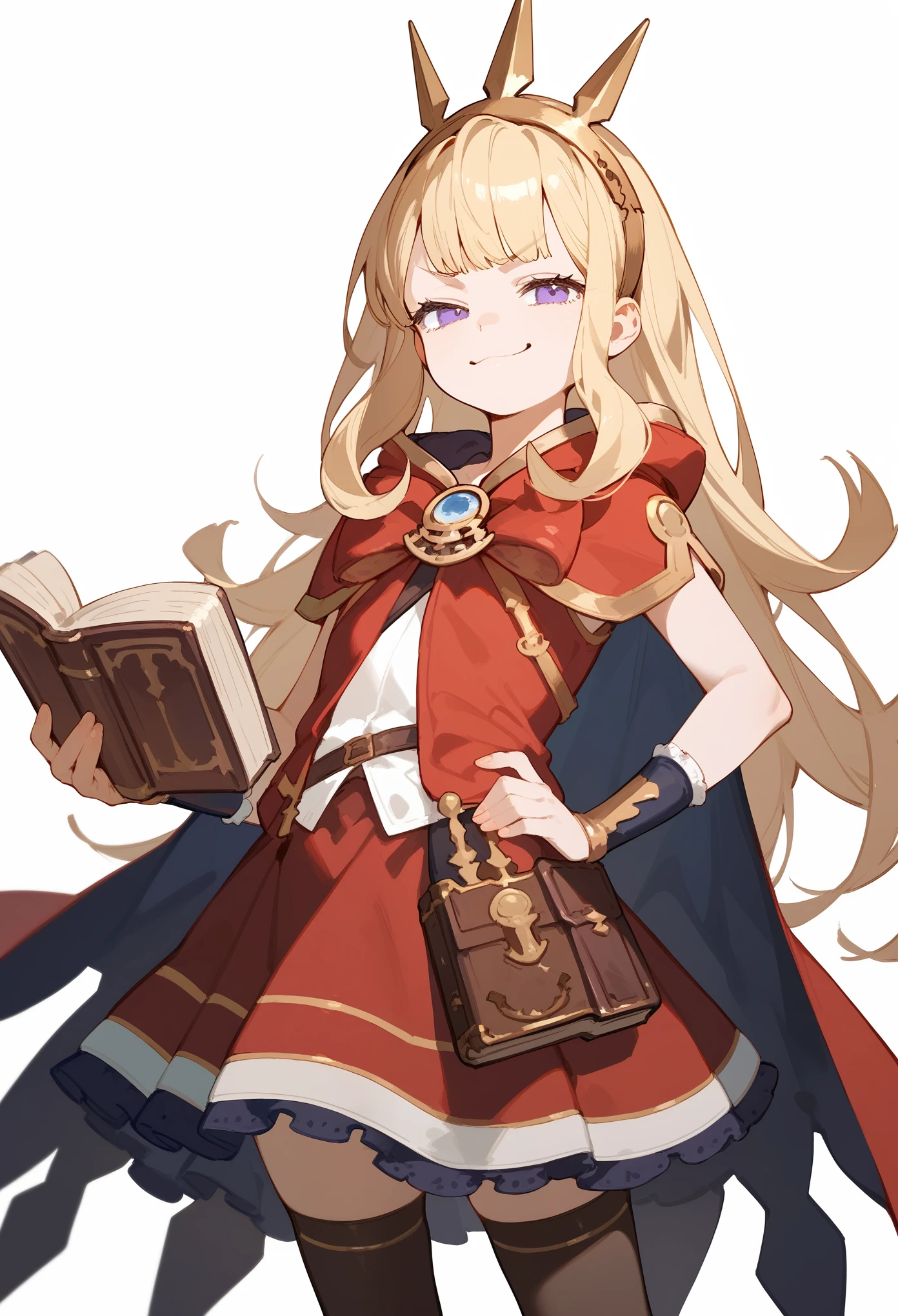 (score_9, score_8_up, score_7_up), 1girl, solo, gbf-cagliostro, Cagliostro, long blonde hair, purple eyes, hairband, crown, black thighhighs, red bow, red skirt, cape, holding a book with a single hand, hand on hip, looking at viewer, small smile, smug, white background, simple background