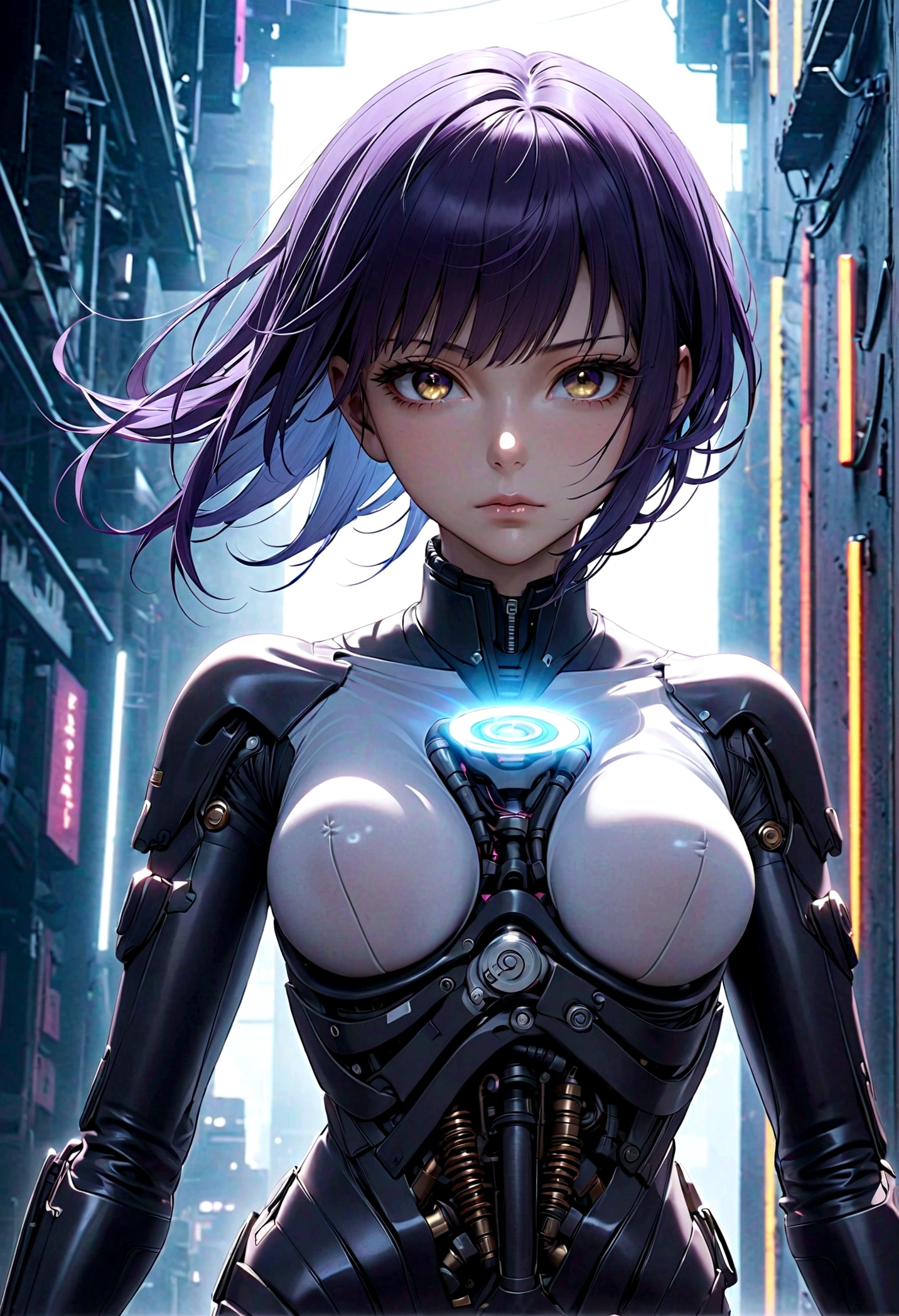 《Ghost in the Shell》Kusanagi Motoko, Female prosthetic body transformation, highly detailed, hyperrealistic, cinematic lighting, dramatic, gritty, moody, neon lights, glowing energy aura, intense expression, mechanical parts, cyberpunk style, advanced technology, futuristic, volumetric fog, dynamic pose, 8k, photorealistic, unreal engine, concept art style