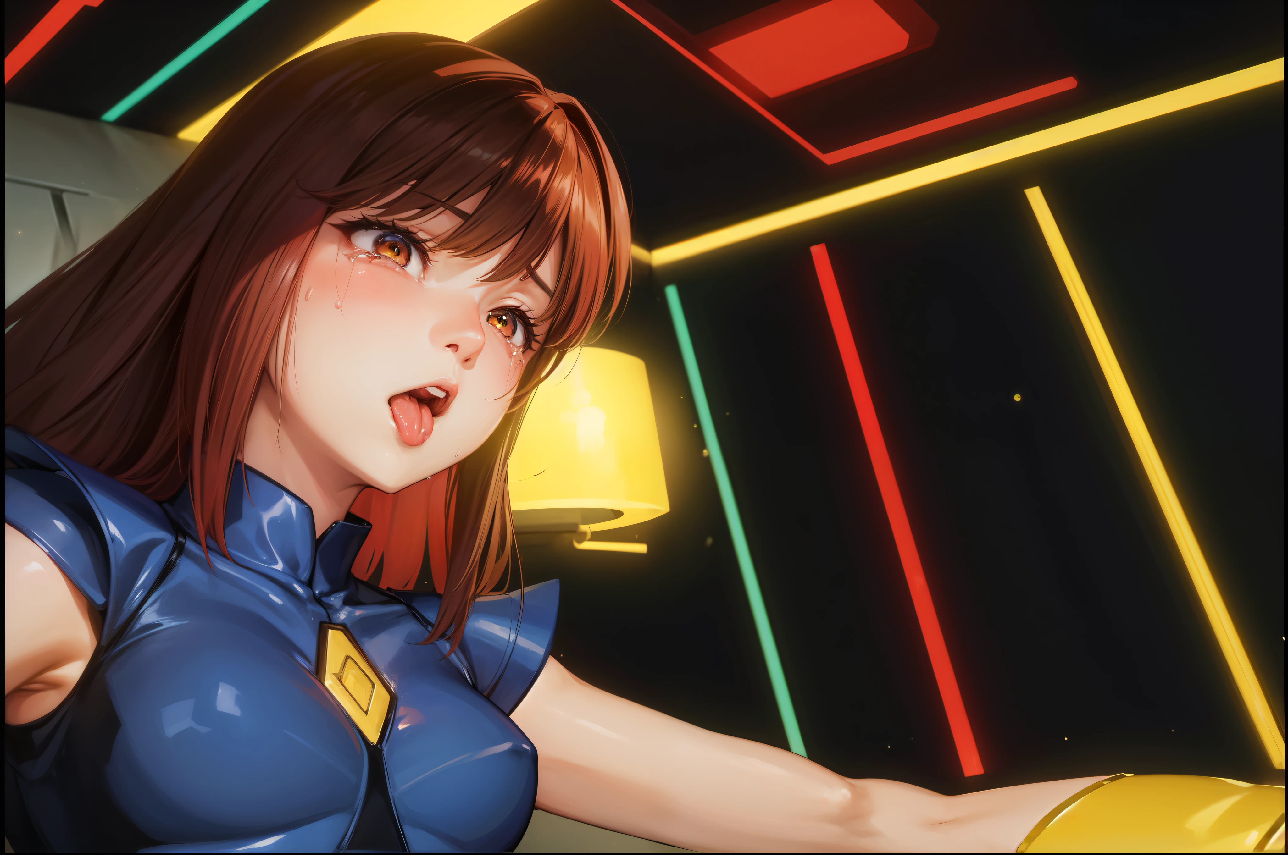 Female Combatant、Japanese girl、Close-up of a girl in a blue leotard、Blue glossy leotard、Blue knee-high boots、Yellow Globe、Saiyan Girl, wonderful, Nano Girl, Female body type, Inspired by Hiromu Arakawa, Anime Manga Robot!! Anime Girls, Fubuki, Full Body Suit, by Hiromu Arakawa、wonderful, silk, Beautiful and attractive anime teen, Anime Girls of the future, tears,Drooling,Pee,Sweat,Tongue out,incontinence,Peeing,Mouth open and tongue out,Estrus,Eyes wide open,Estrus,Blushing,Nipples are erect,Face is hot,Lust、Mouth wide open and tongue sticking out、incontinence、Crying face、Drooling、Red lips、Red tongue、Red tongue sticking out