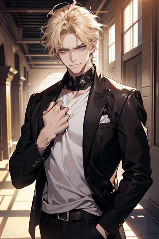(tmasterpiece, high resolution, ultra - detailed:1.0), (1 boy, Young male, masculine face), Perfect male body, Adult male, Delicate eyes and delicate face, Extremely detailed CG, Unity 8k wallpaper, Complicated details, Detailed face, (blond hair, messy hair, serious faces, white T-shirt,Bad students), (frown,evil smile:1.3), hand in pocket, school corridor,black leather jacket, color difference, Depth of field, dramatic shadow, Ray tracing, Best quality, Cinematic lighting, offcial art,Portrait