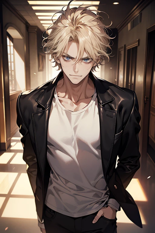 (tmasterpiece, high resolution, ultra - detailed:1.0), (1 boy, Young male, masculine face), Perfect male body, Adult male, Delicate eyes and delicate face, Extremely detailed CG, Unity 8k wallpaper, Complicated details, Detailed face, (blond hair, messy hair, serious faces, white T-shirt,Bad students), (frown,evil smile:1.3), hand in pocket, school corridor,black leather jacket, color difference, Depth of field, dramatic shadow, Ray tracing, Best quality, Cinematic lighting, offcial art,Portrait