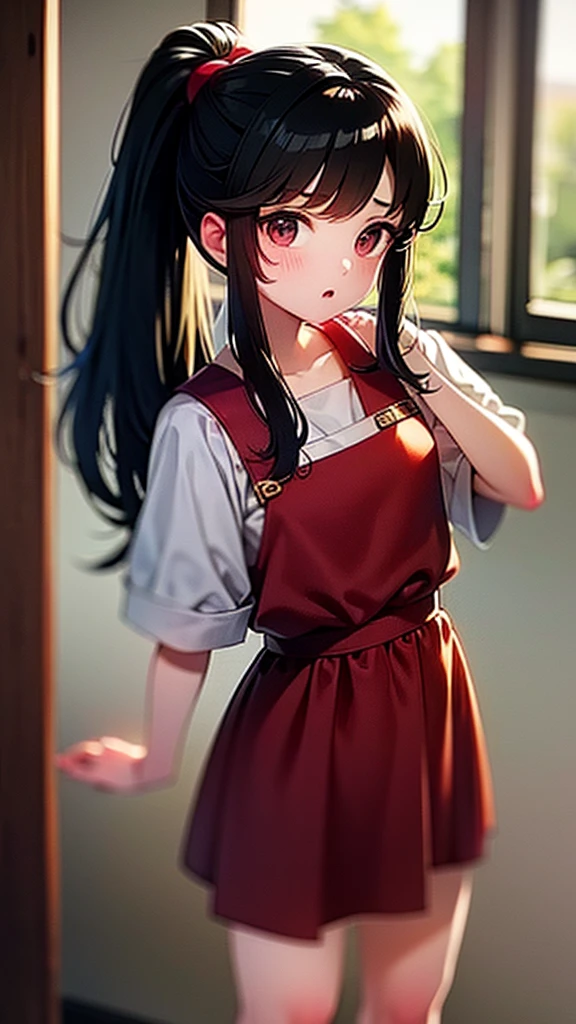 adulto, Cabello negro ondulado, mirada penetrante con ojos profundos de color rojo, estatura promedio, Silky hair with a ponytail hairstyle collected with a red bow with two white lines, tiene pechos medianos, primer plano, session, standing in the middle of his room [[[Risa malvada]]] , Sonrojada, muslos grandes, maid, sirvienta  