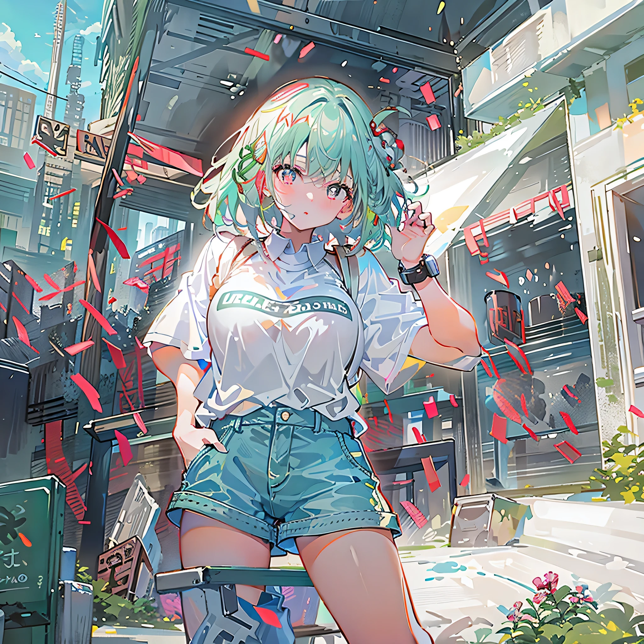 8K resolution、((top-quality))、((masterwork))、((ultra-detailliert))、1 woman、solo、incredibly absurdness、Oversized  T-shirt’s 、ocean、plein air、Sateen、neons、Shortcut Hair、lights green Hair Brightly colored eyes、Hands in pockets、shortpants、really cute 、summer