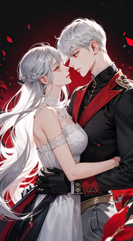 (extreamly delicate and beautiful:1.2), 8K, (tmasterpiece, best:1.0), Two male, One female, Upper body body, black-haired, silver hair, red dark hair, love triangle, 2 male 1 female - love triangle, vibrant colors