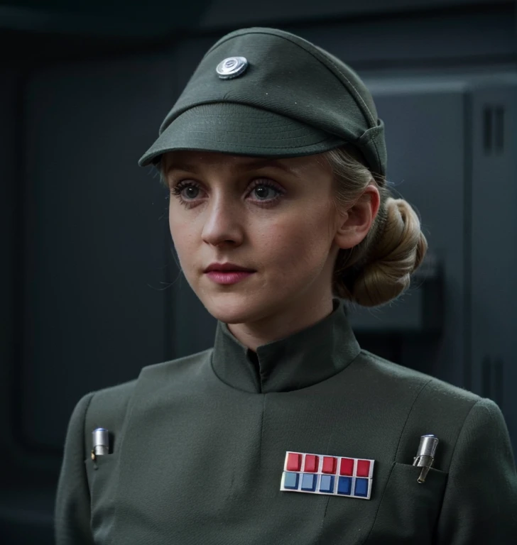 fashion photography of Evanna Lynch in olive gray imperialofficer uniform and hat with brim, hair in small tight bun, smooth pale white skin, haughty proud snob, sci-fi Death Star control room, sharp focus, dlsr, ultra sharp, professional Photographer, film grain, very detailed skin texture, photorealistic, no makeup