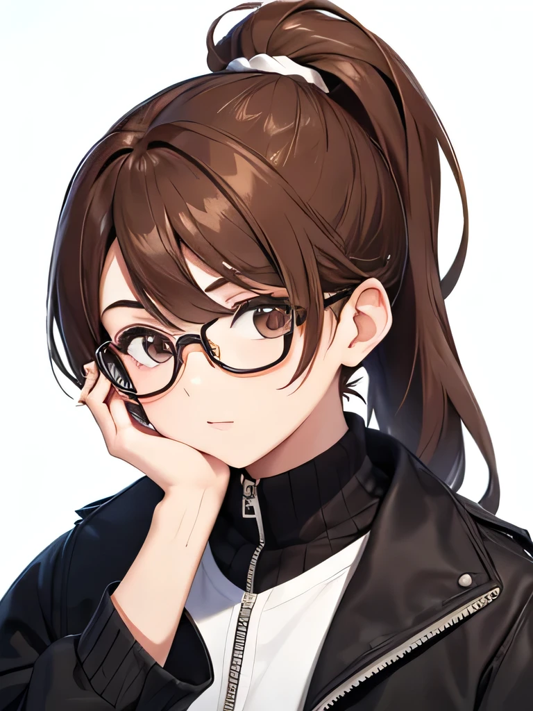 Brown Hair，ponytail，girl，Holding up his glasses with his left hand，that&#39;It&#39;s too bright so I close my left eye，Sandy Beach，Shorts，Roll up your shirt sleeves