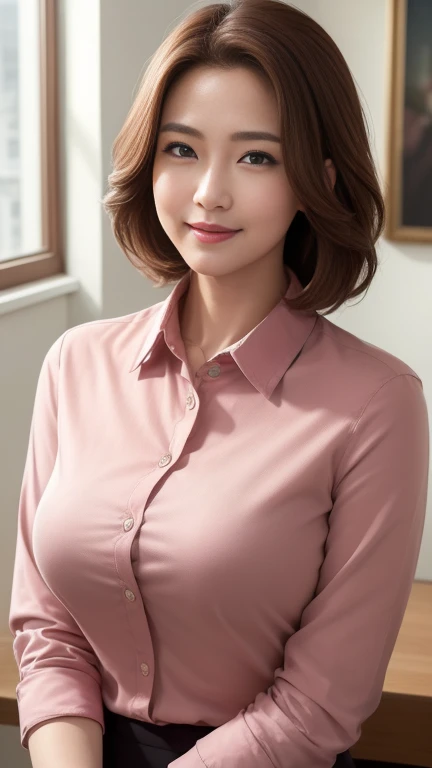 ((highest quality, 8k, masterpiece, Portraiture: 1.3)), (Looking at the audience),Tabletop、Near Movies、 Attractive business mature woman, 1 person, Slightly thicker:0.４,Light brown medium hair、 ((Cherry-coloured collared shirt)),((Big Tits 1.6)) ,Good posture、An office in the strong afternoon sunshine、Bright room、((A gentle smile))、A gaze that seduces viewers、


