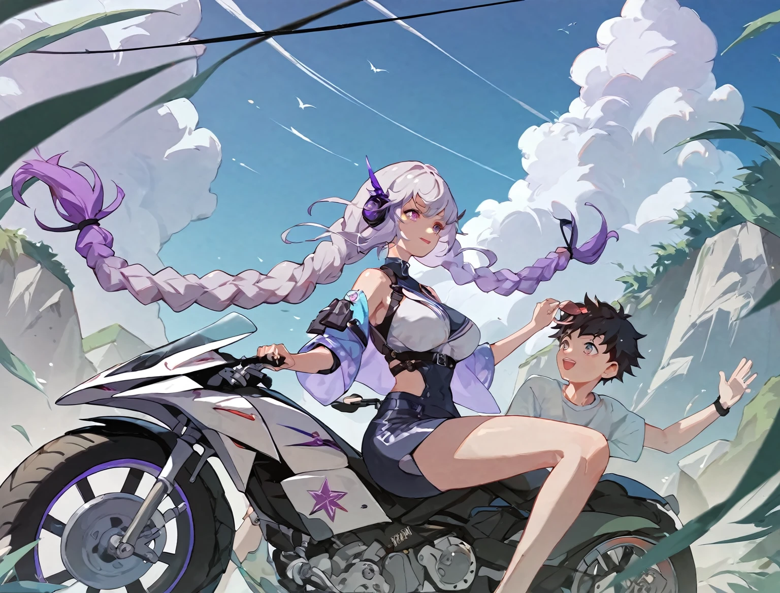 score_9,score_8_up,score_7_up,yinji,Anime girl riding motorcycle，There&#39;s a man sitting in the back, Artwork in the style of Guweiz, Anime style 4K, Anime art style, anime style artwork, Anime style digital art, Anime Art Vehicle Concept Art, Epic anime style,