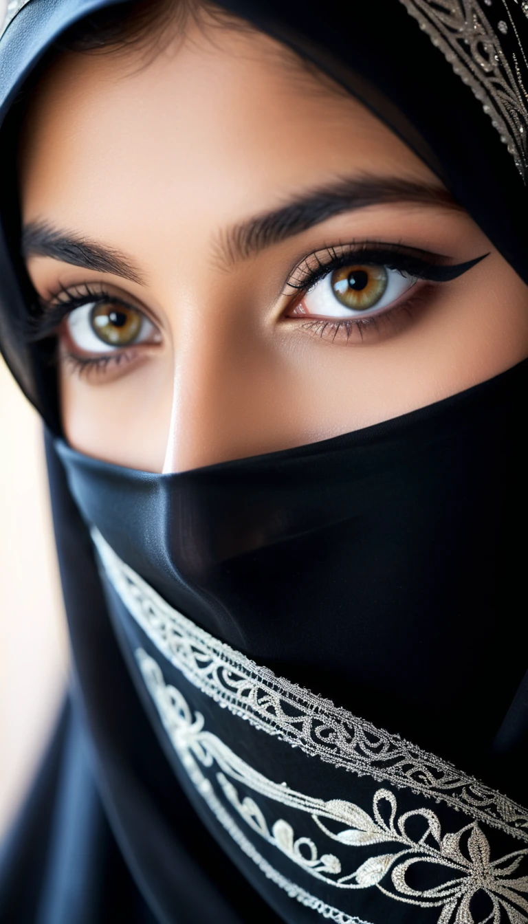 realistic photo, perfection, close-up face, beautiful young Arab woman, wearing niqab, beautiful sensual eyes, hypnotizing eyes, shy look, raw photo, shallow depth of field, full frame camera, professional photo