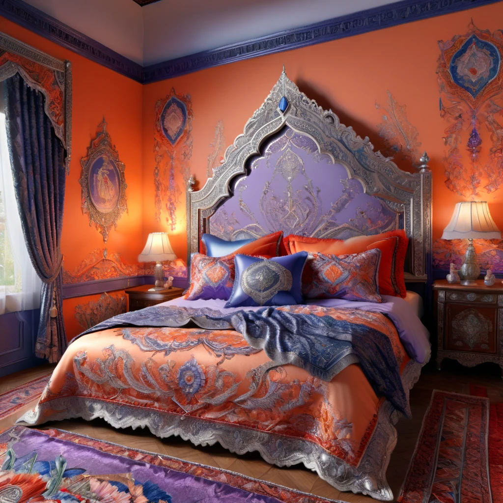 a highly detailed embroidered bedroom design with intricate patterns, double stitching, silver beads along the edges, set against a vibrant Creamsicle, Red,White, Blue, Lavender, Orange, Oriental background, award-winning digital art, 8k, photorealistic, extremely detailed, cinematic lighting, volumetric lighting, dramatic shadows, lush colors, elegant, ornate, luxurious, masterpiece, intricate complexity, stunning, 