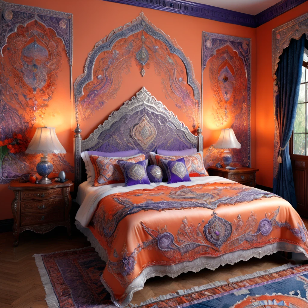 a highly detailed embroidered bedroom design with intricate patterns, double stitching, silver beads along the edges, set against a vibrant Creamsicle, Red,White, Blue, Lavender, Orange, Oriental background, award-winning digital art, 8k, photorealistic, extremely detailed, cinematic lighting, volumetric lighting, dramatic shadows, lush colors, elegant, ornate, luxurious, masterpiece, intricate complexity, stunning, 