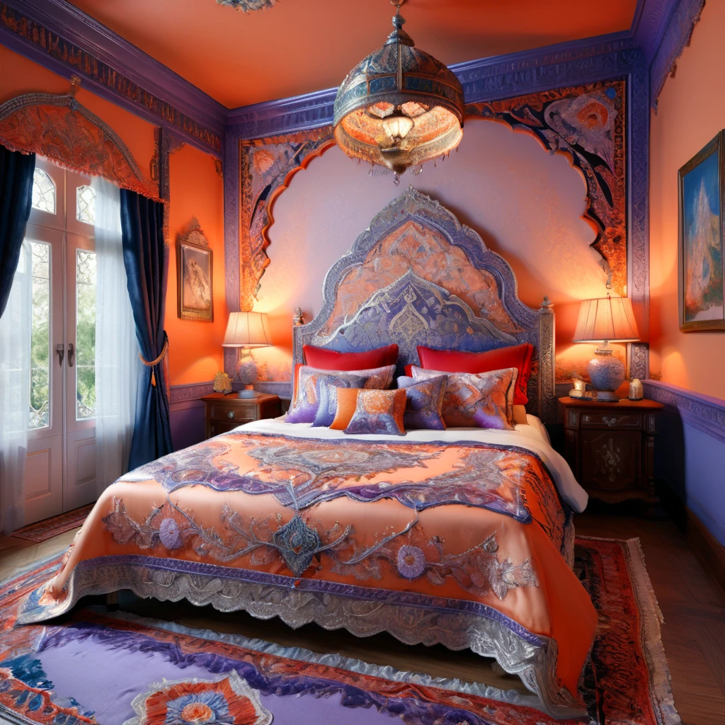 a highly detailed embroidered bedroom design with intricate patterns, double stitching, silver beads along the edges, set against a vibrant Creamsicle, Red,White, Blue, Lavender, Orange, Oriental background, award-winning digital art, 8k, photorealistic, extremely detailed, cinematic lighting, volumetric lighting, dramatic shadows, lush colors, elegant, ornate, luxurious, masterpiece, intricate complexity, stunning, 