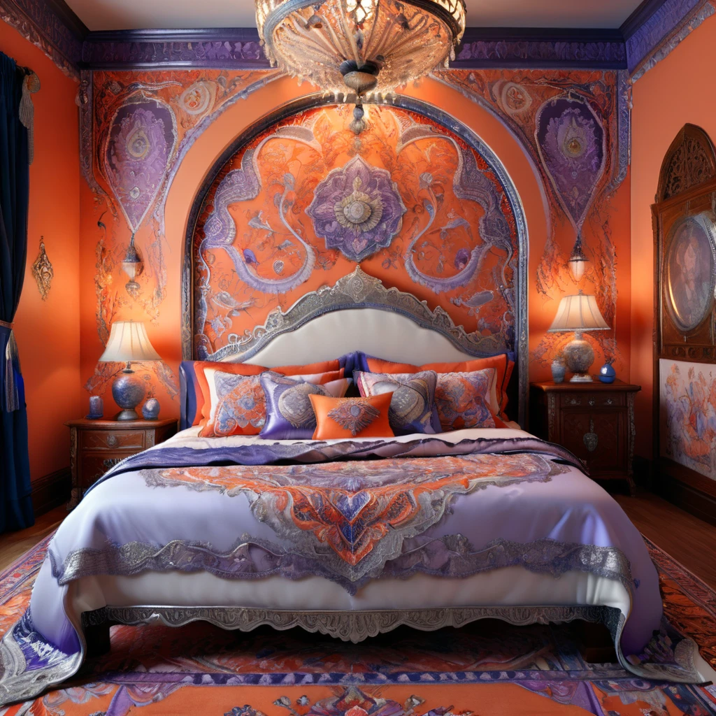 a highly detailed embroidered bedroom design with intricate patterns, double stitching, silver beads along the edges, set against a vibrant Creamsicle, Red,White, Blue, Lavender, Orange, Oriental background, award-winning digital art, 8k, photorealistic, extremely detailed, cinematic lighting, volumetric lighting, dramatic shadows, lush colors, elegant, ornate, luxurious, masterpiece, intricate complexity, stunning, 