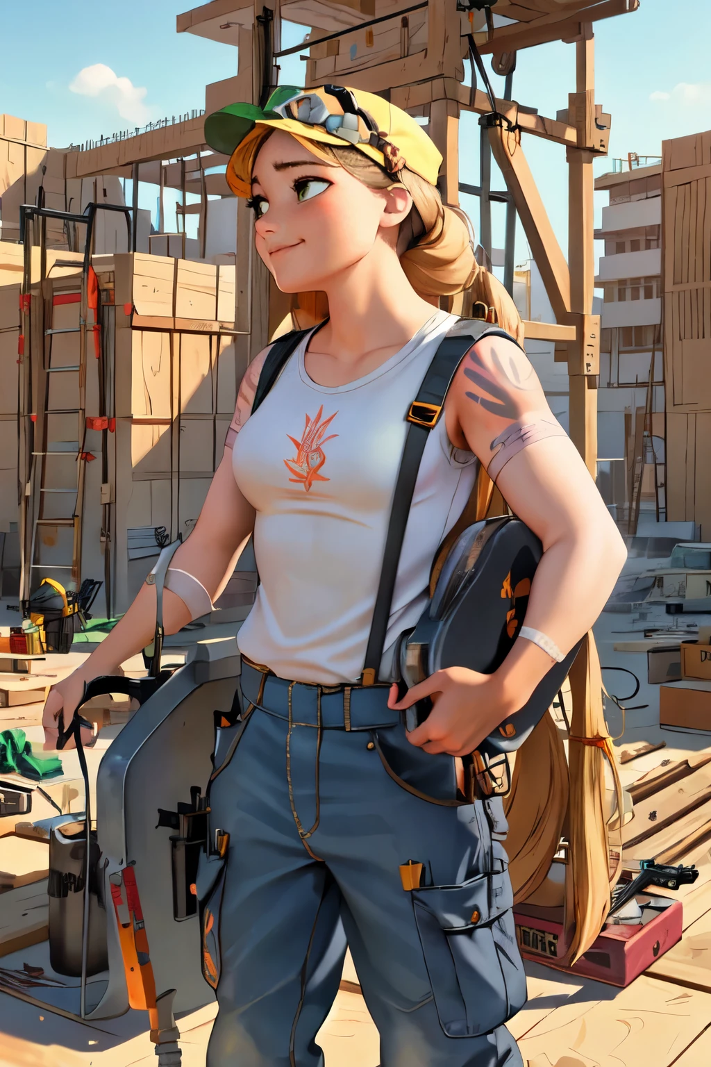 (masterpiece:1.2), (best quality), (ultra detailed), (8k, 4k, intricate),(highly detailed:1.2),(detailed face:1.2), (highly detailed background of construction site wth rebar and cranes),(portrait),detailed landscape,(action pose:1.2),rapunzel  1girl, solo, long hair, looking away from viewer, smile, blonde hair, long sleeves, dress, walking with urgency, side profile of entire body walking, side view of face, very long hair tied up, green eyes, carpenter, woodworker, construction worker, contractor 

Rapunzel portrayed as a construction worker, carrying a large wooden ladder on her shoulder, dressed in carpenters attire, baggy cargo overalls, suspenders, tools in pockets, safety goggles, work gloves, wearing a hardhat/safety helmet, durable work boots, knee pads, bandana, tattoos with floral and sun motifs visble, sweating from brow, determined smirk, holding woodworking tools, working on a construction site, tools and machinery are visble, curvy, beautiful 